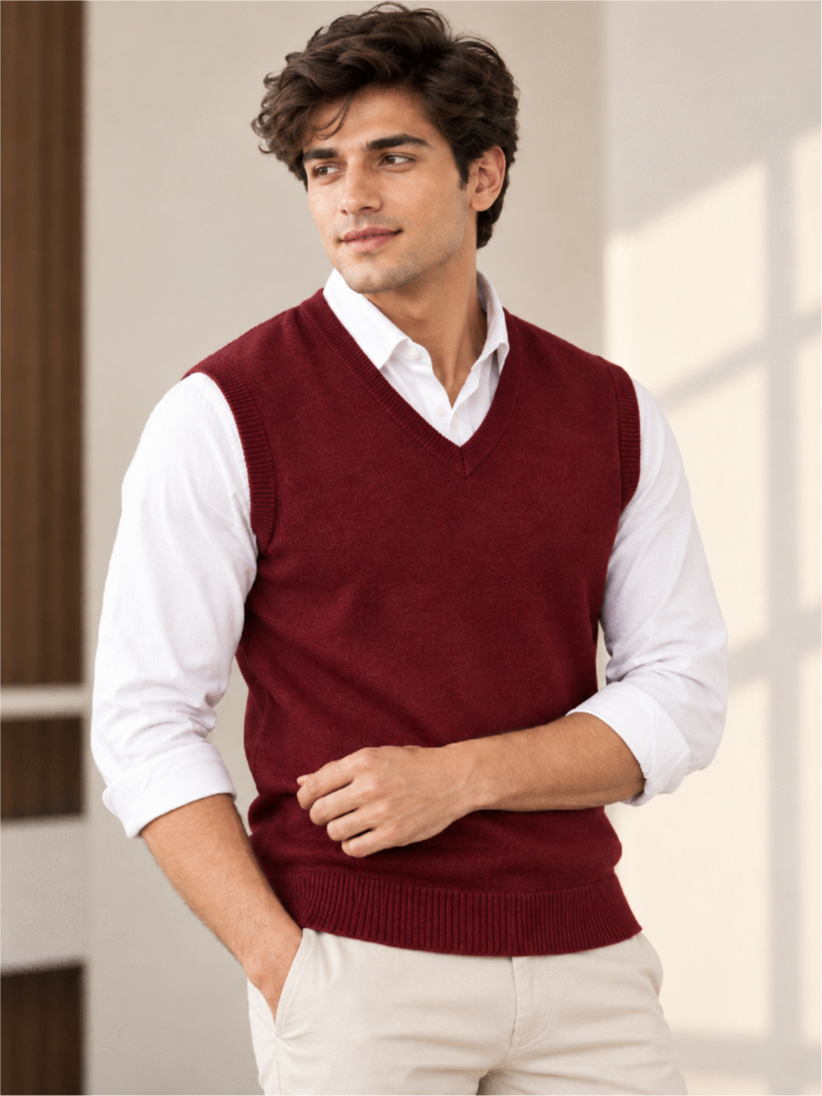 Men's Solid Wine V-Neck Sleeveless Sweater