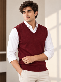 Men's Solid Wine V-Neck Sleeveless Sweater