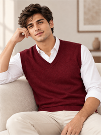 Men's Solid Wine V-Neck Sleeveless Sweater