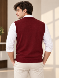 Men's Solid Wine V-Neck Sleeveless Sweater