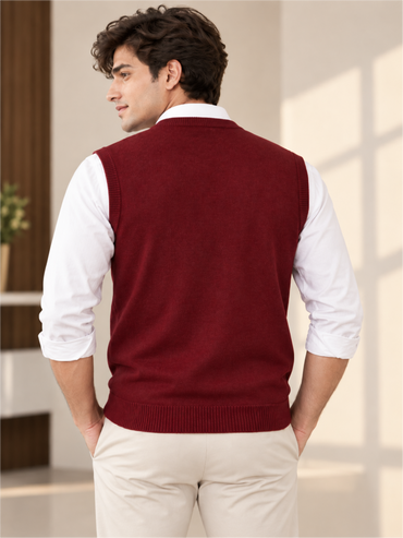 Men's Solid Wine V-Neck Sleeveless Sweater