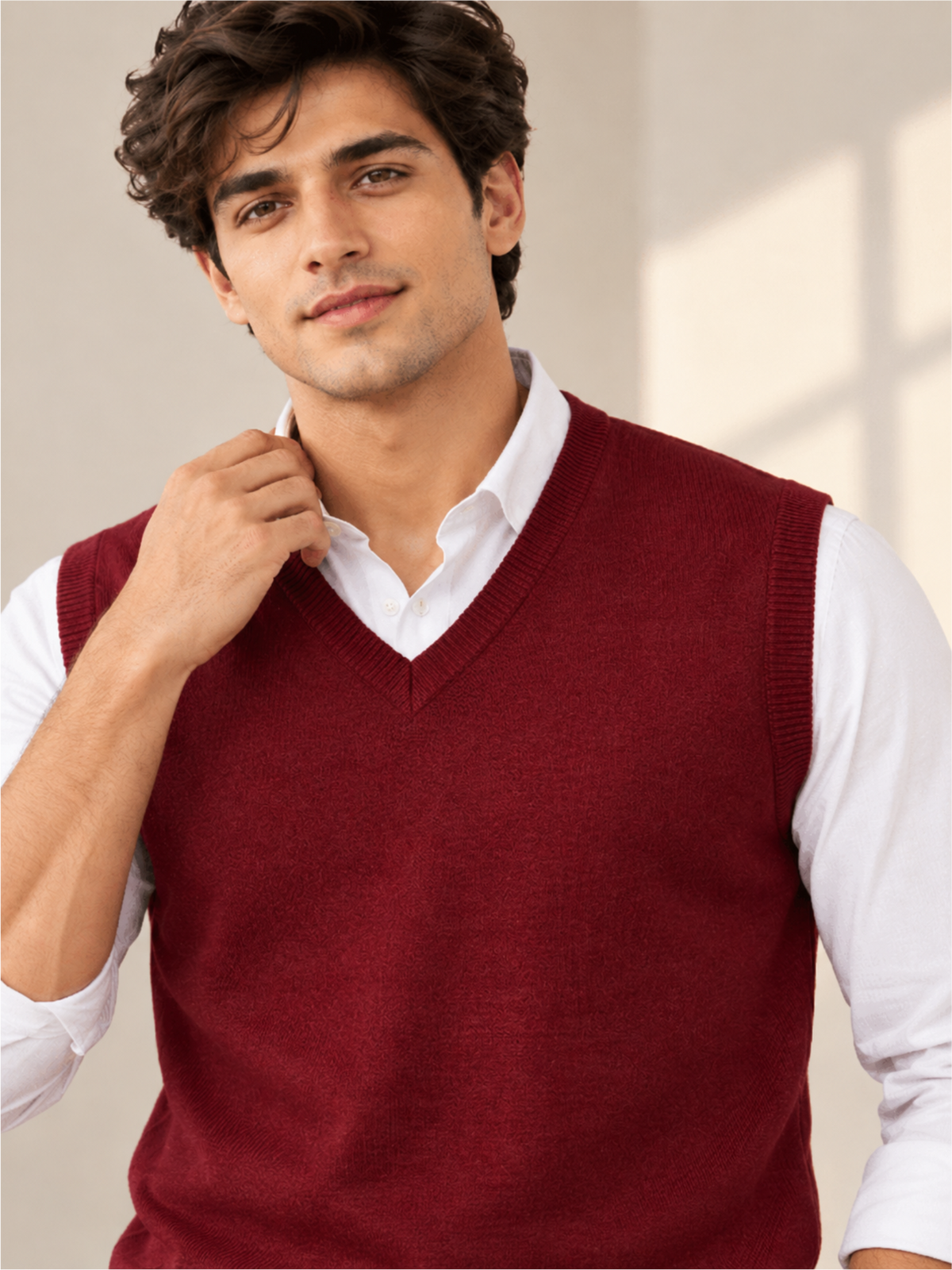 Men's Solid Wine V-Neck Sleeveless Sweater