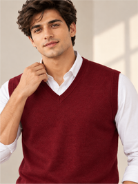 Men's Solid Wine V-Neck Sleeveless Sweater