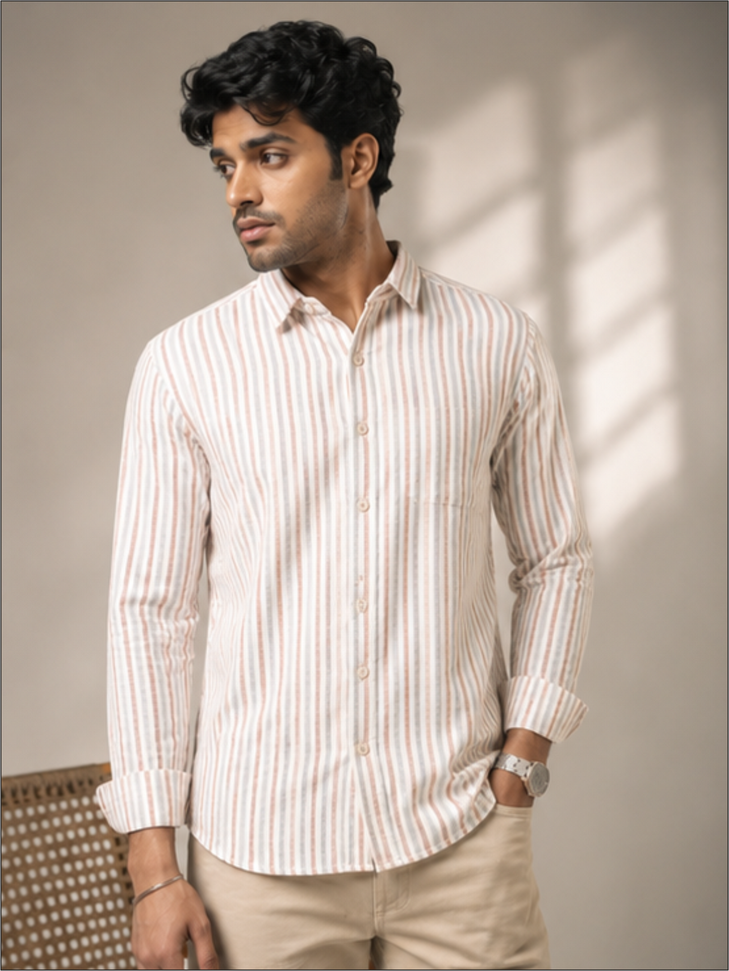 Men Striped Spread Full Sleeves Collar Casual Shirt