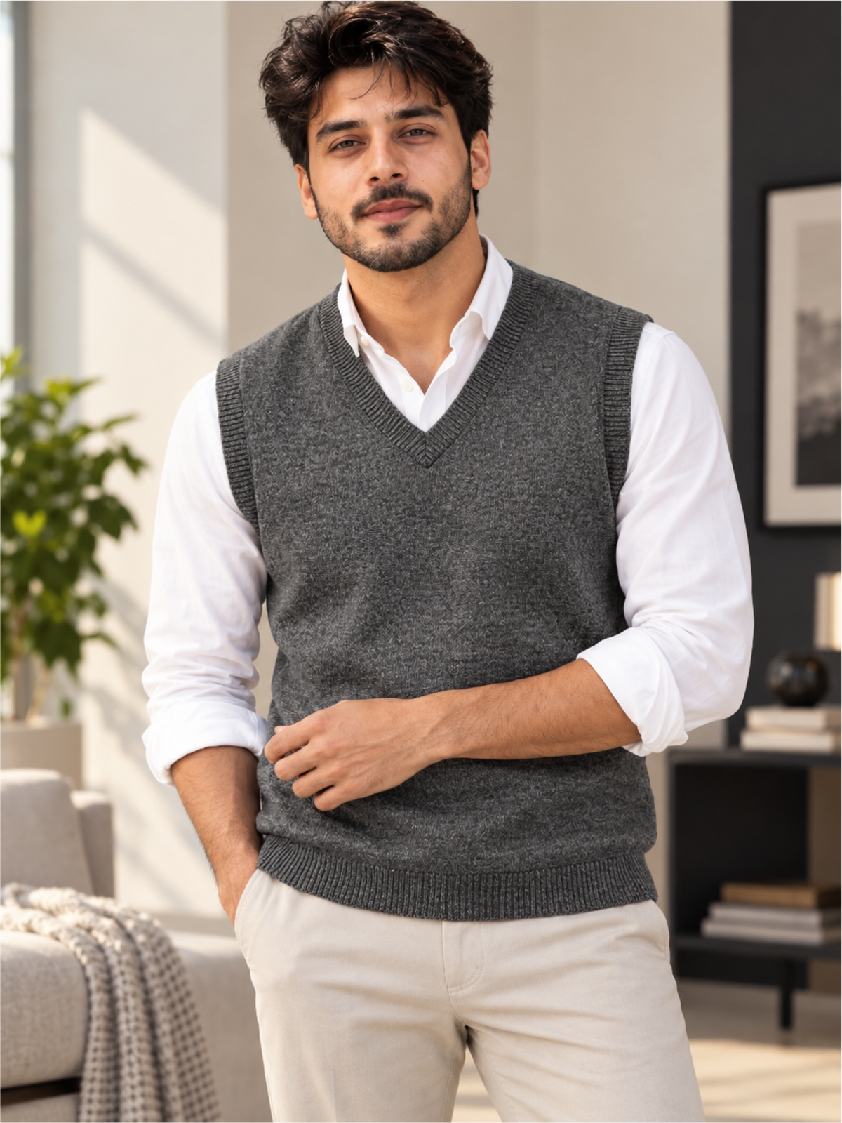 Classic Charcoal Grey V-Neck Knitted Sweater Vest