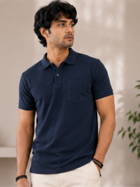 Men's Matty Polo Neck with Packet Half Slivees T-Shirt, Navy Blue