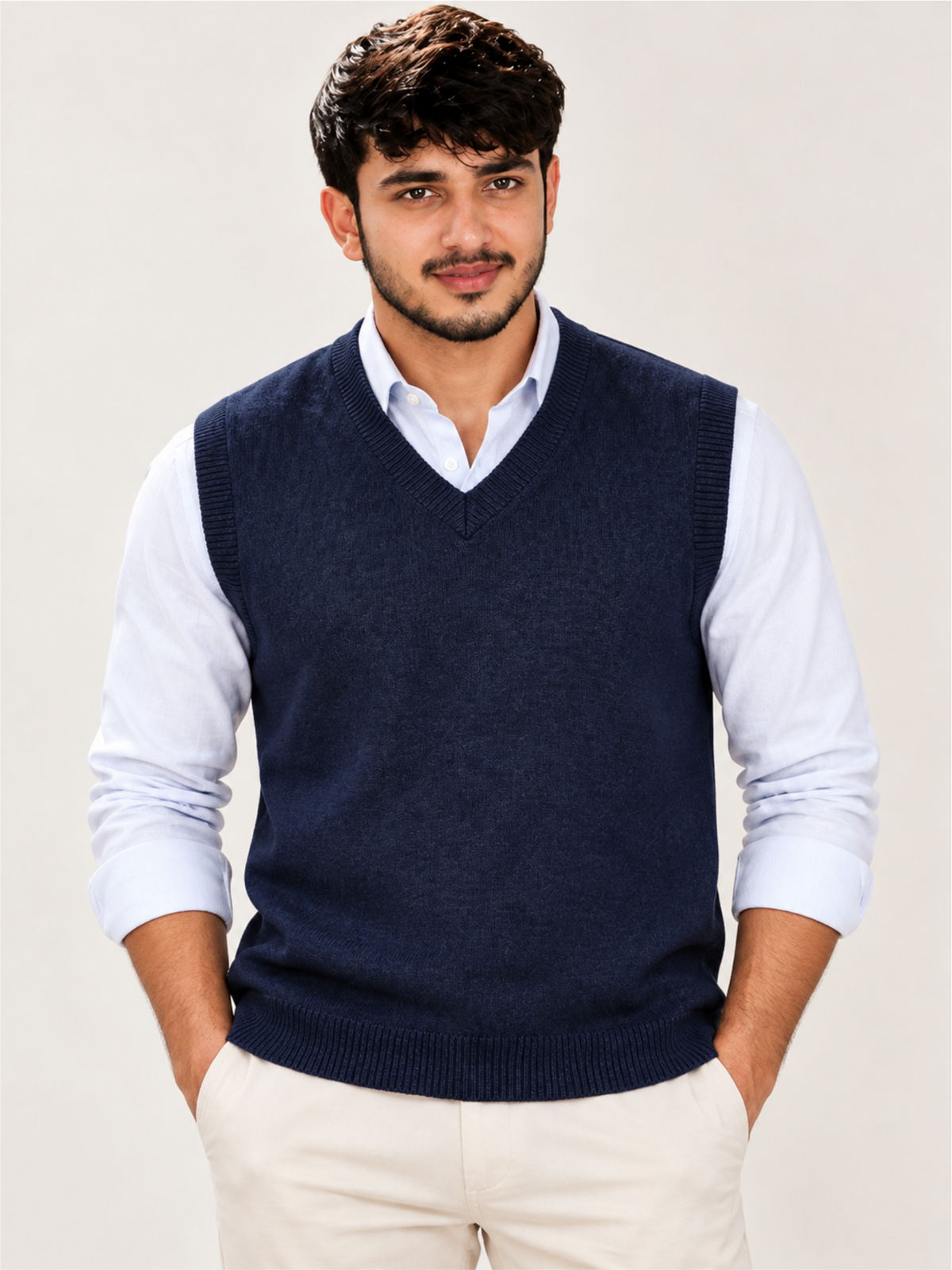Elegant Navy Blue V-Neck Sleeveless Sweater