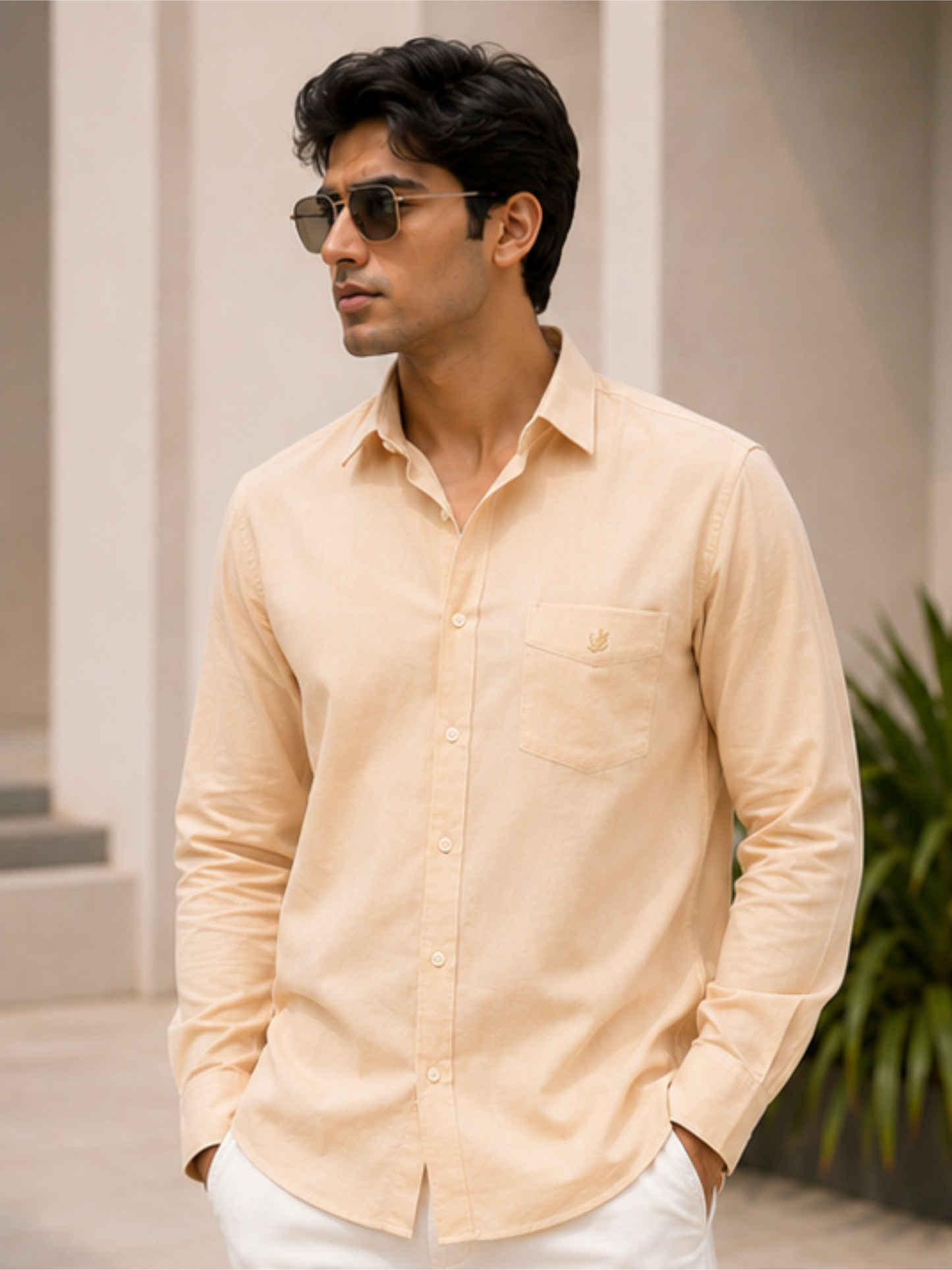 Men's Premium Solid Cotton Casual Shirt, Beige
