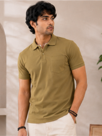 Men's Matty Polo Neck with Packet Half Slivees T-Shirt, Olive Green