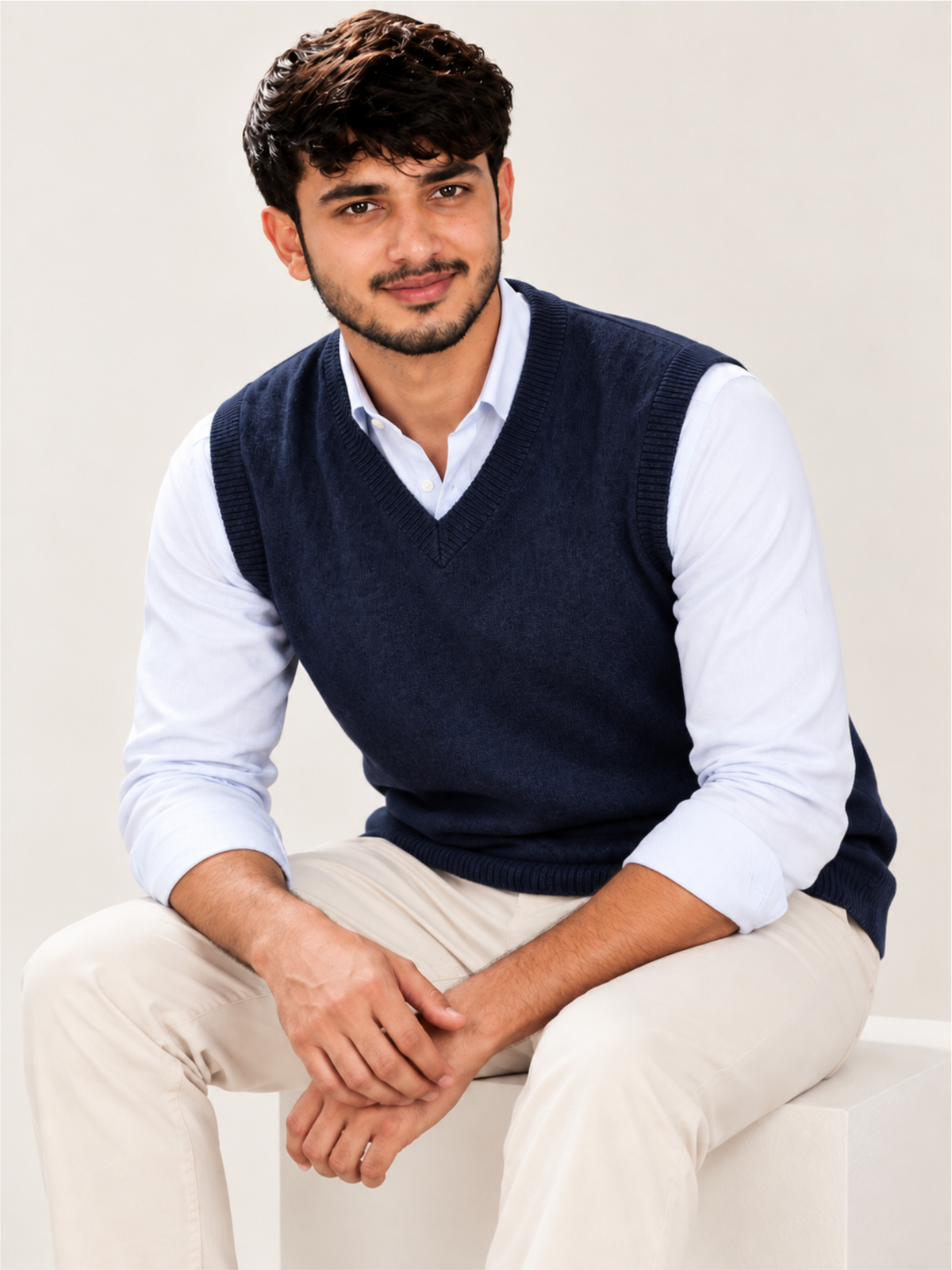 Elegant Navy Blue V-Neck Sleeveless Sweater