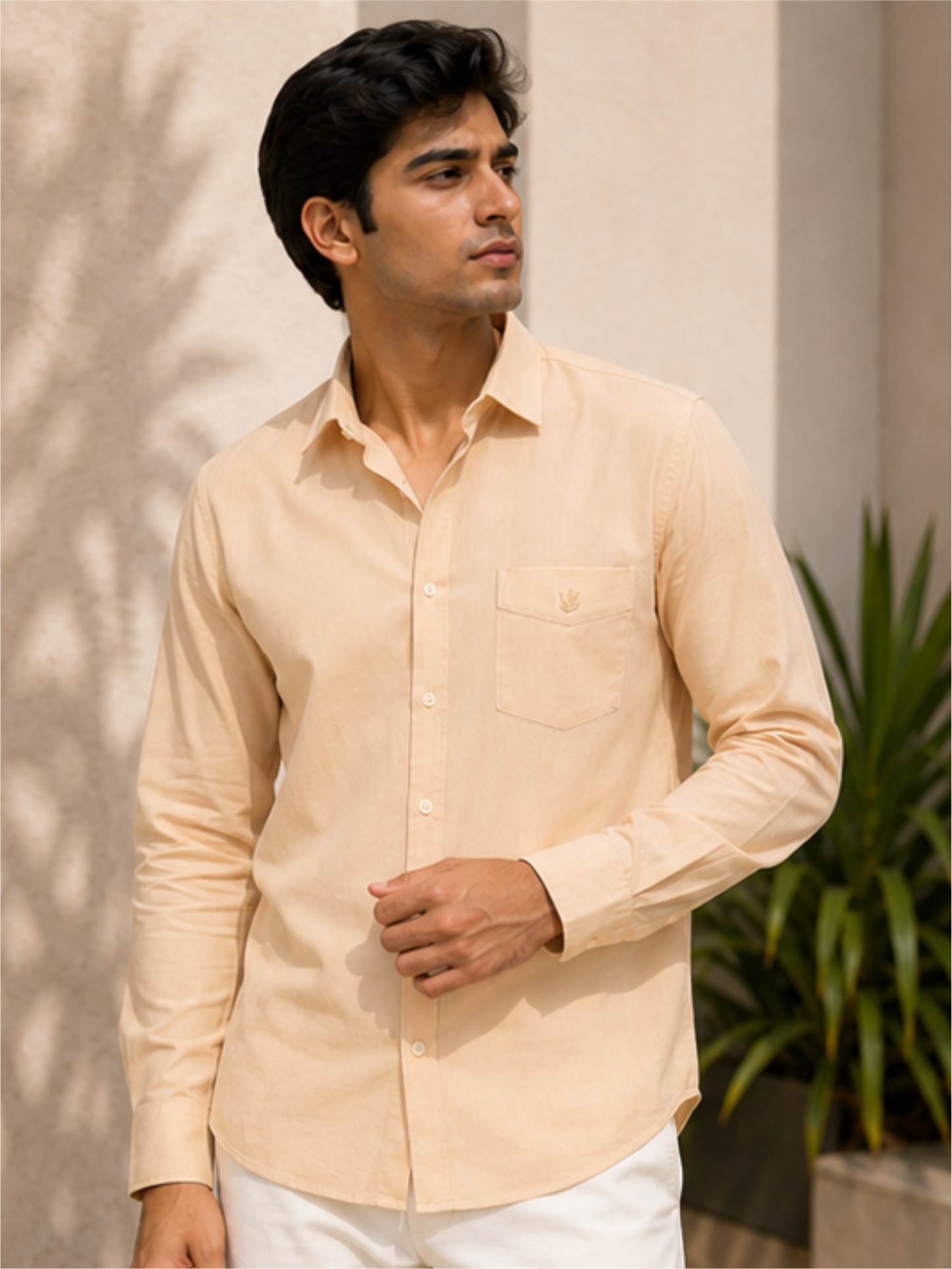 Men's Premium Solid Cotton Casual Shirt, Beige