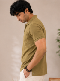 Men's Matty Polo Neck with Packet Half Slivees T-Shirt, Olive Green