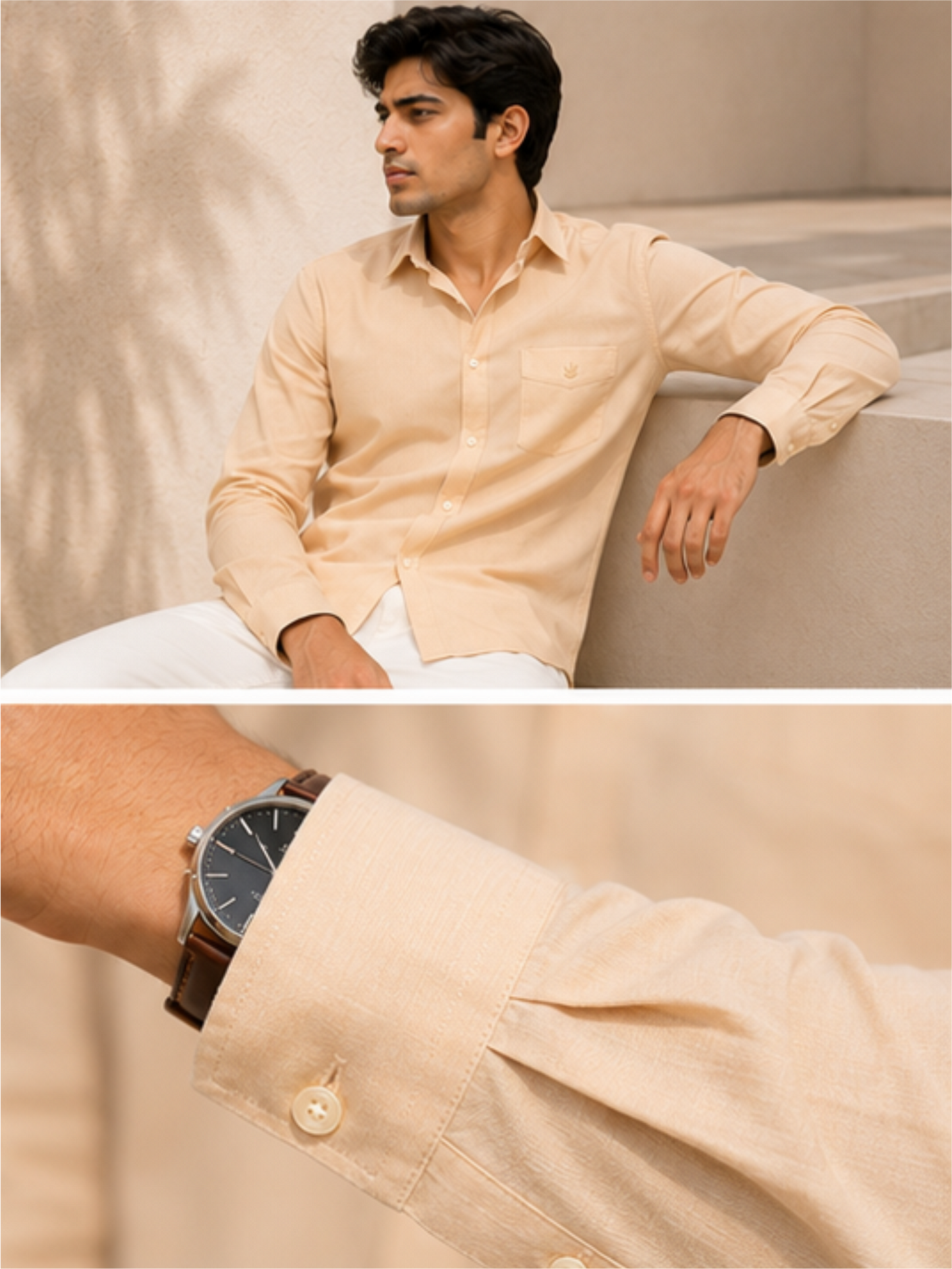 Men's Premium Solid Cotton Casual Shirt, Beige
