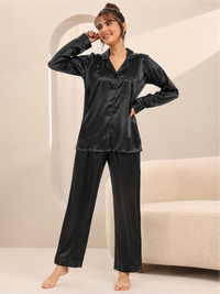 Elegant Soft Satin Night Suit Full Sleeve Shirt with Relaxed Fit Pyjama