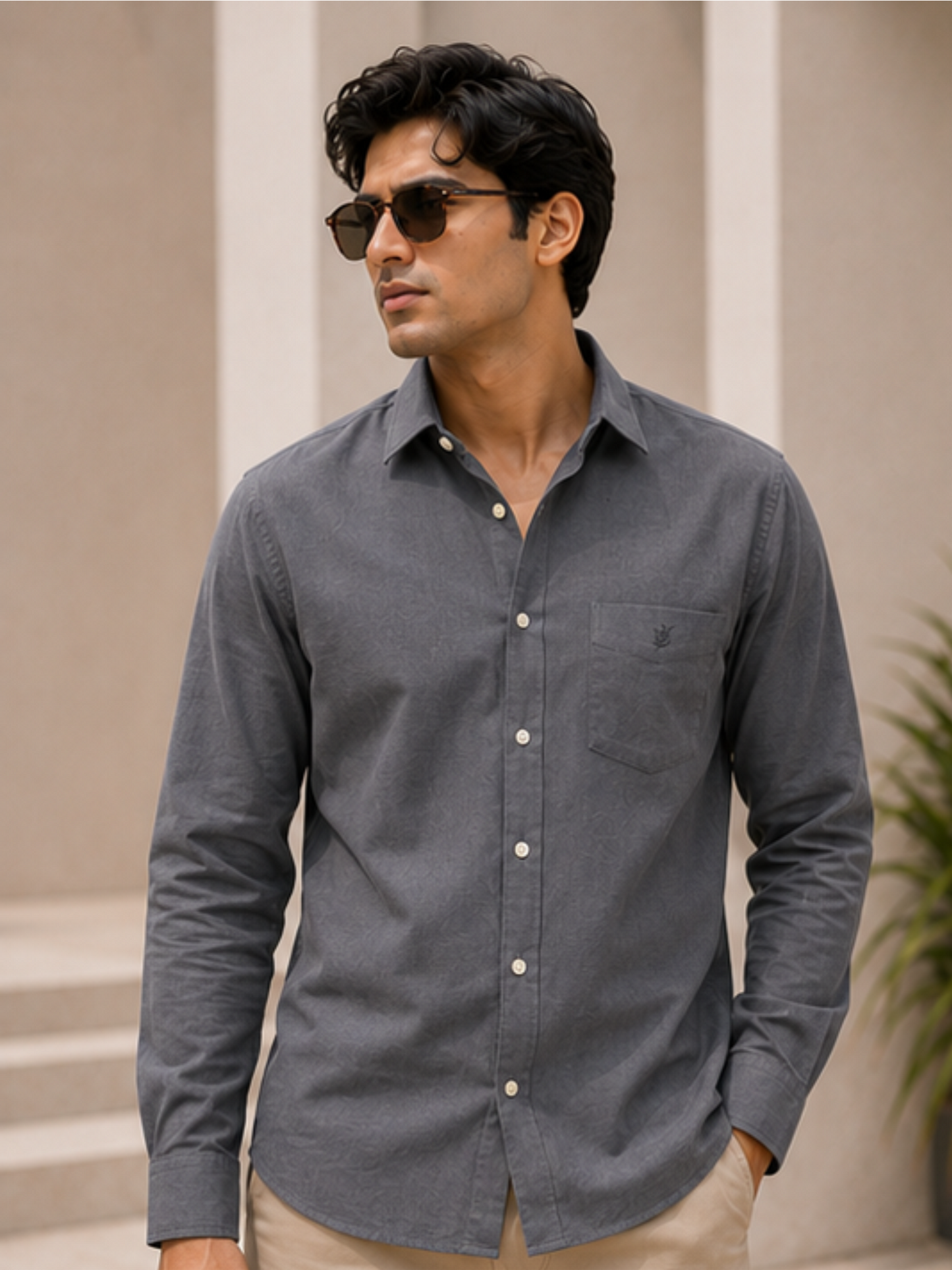 Men's Premium Solid Cotton Casual Shirt, Dark Gray