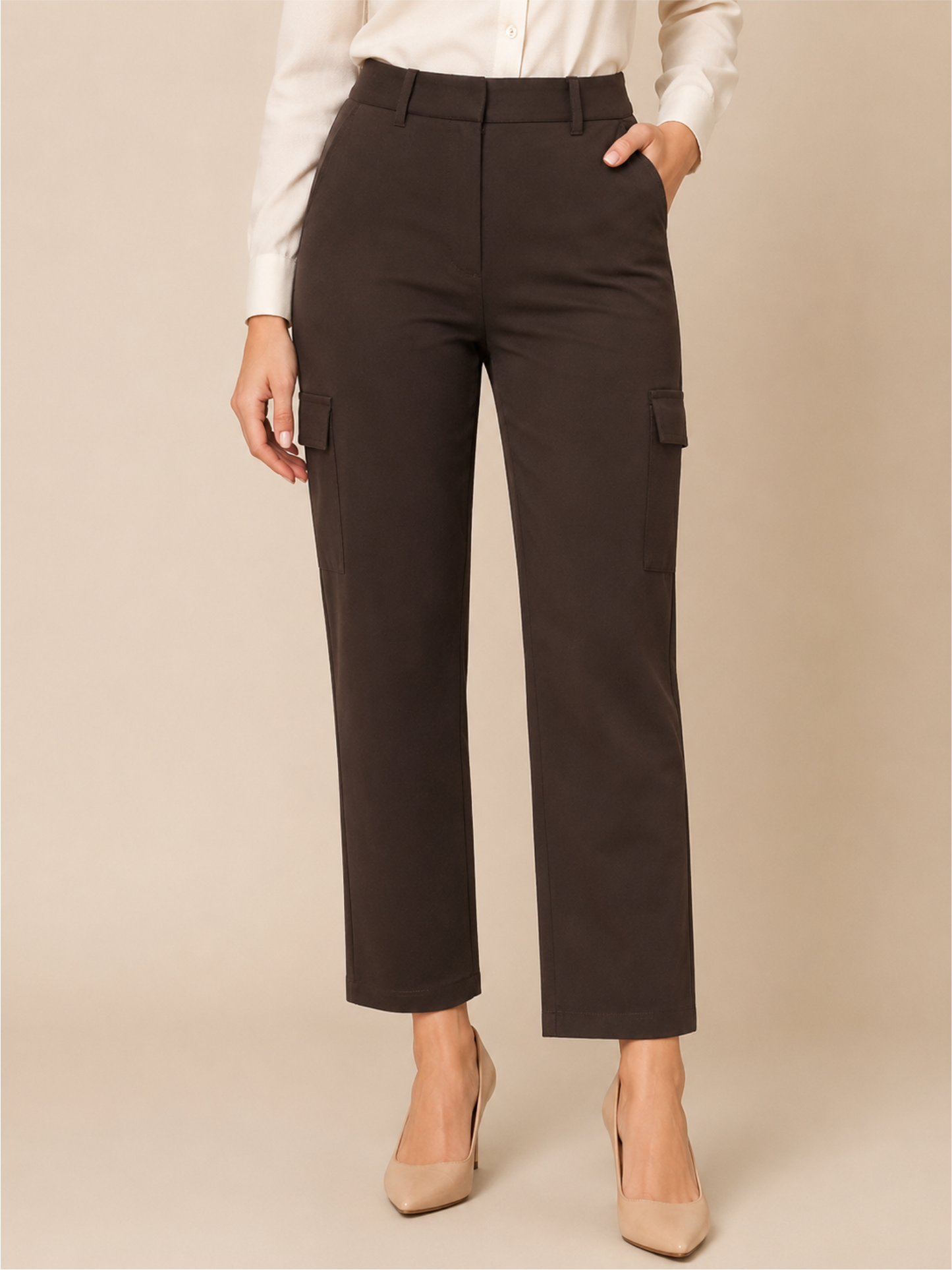 Solid Relaxed Fit High-Rise Flat-Front Cargos Trousers