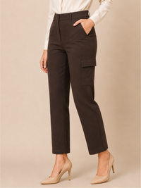 Solid Relaxed Fit High-Rise Flat-Front Cargos Trousers