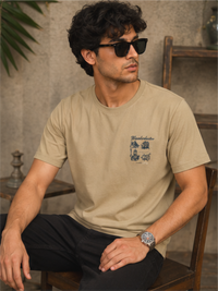 Boys Short Sleeves Round Neck Chest Printed Cotton Relaxed Fit T-Shirts, Camel