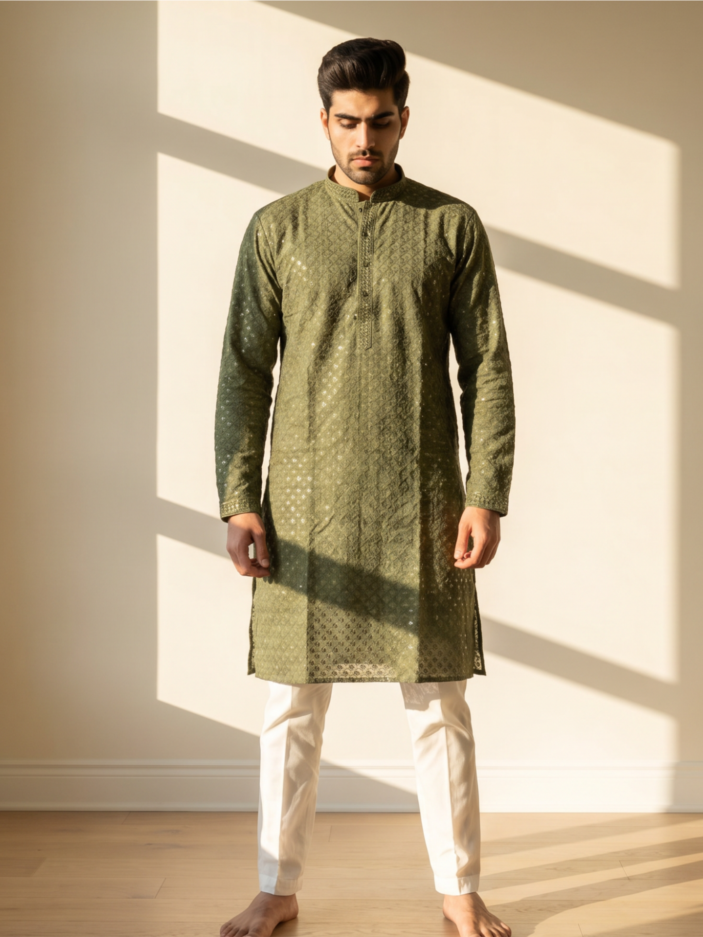 Men's Floral Embroidered Sequinned Kurta with Bottom, Green