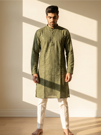 Men's Floral Embroidered Sequinned Kurta with Bottom, Green