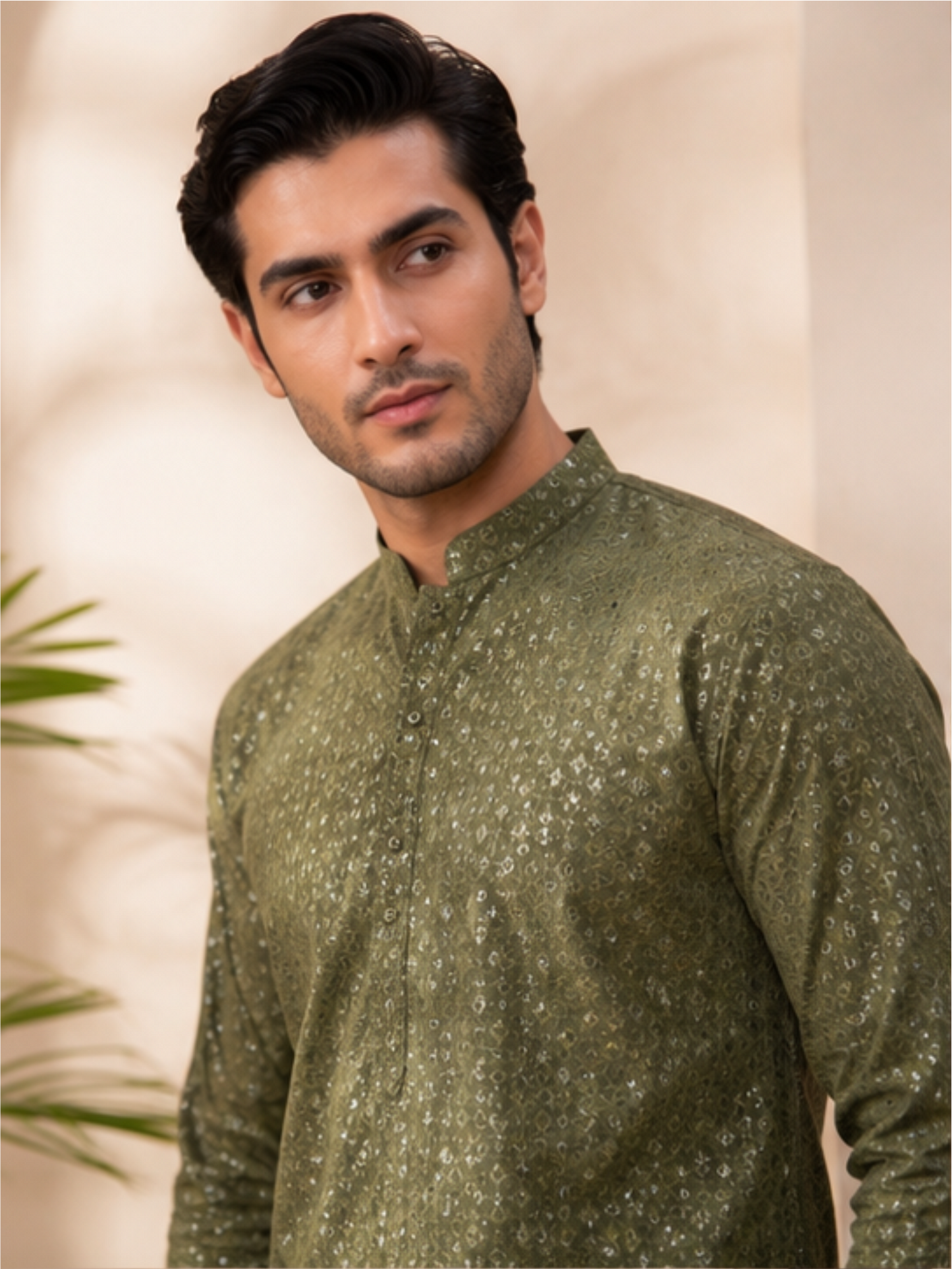 Men's Floral Embroidered Sequinned Kurta with Bottom, Green