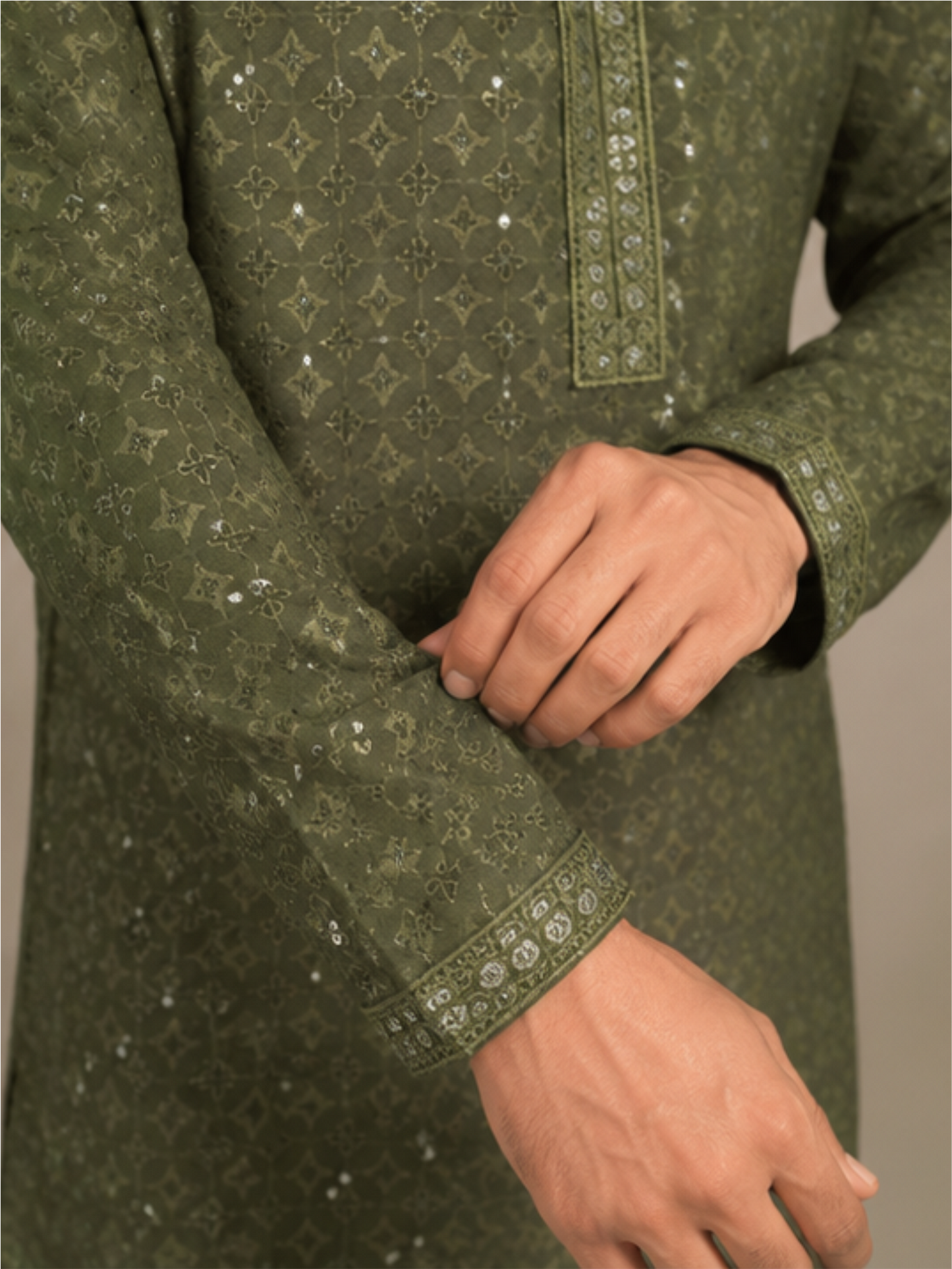 Men's Floral Embroidered Sequinned Kurta with Bottom, Green