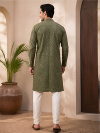 Men's Floral Embroidered Sequinned Kurta with Bottom, Green