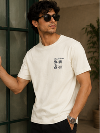 Boys Short Sleeves Round Neck Chest Printed Cotton Relaxed Fit T-Shirts, White