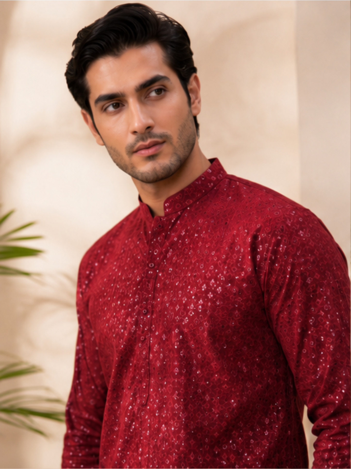 Men's Floral Embroidered Sequinned Kurta with Bottom, Maroon