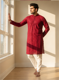 Men's Floral Embroidered Sequinned Kurta with Bottom, Maroon