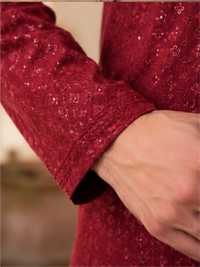 Men's Floral Embroidered Sequinned Kurta with Bottom, Maroon