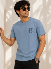 Boys Short Sleeves Round Neck Chest Printed Cotton Relaxed Fit T-Shirts, Blue