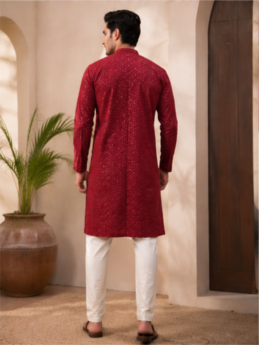 Men's Floral Embroidered Sequinned Kurta with Bottom, Maroon