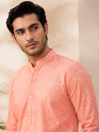 Men's Floral Embroidered Sequinned Kurta with Bottom, Peach
