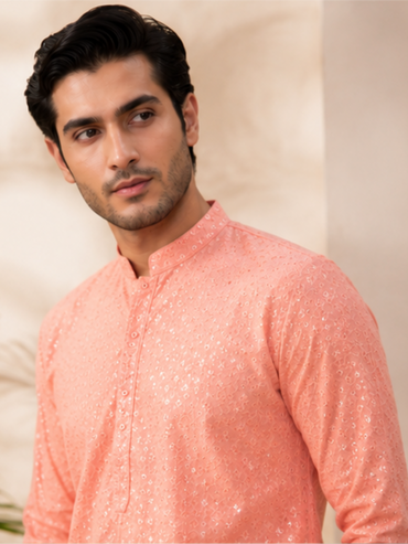 Men's Floral Embroidered Sequinned Kurta with Bottom, Peach