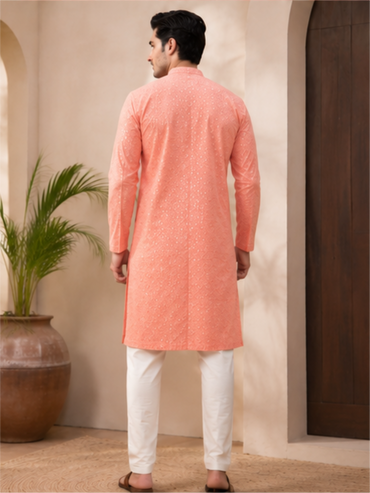 Men's Floral Embroidered Sequinned Kurta with Bottom, Peach