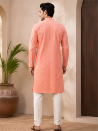Men's Floral Embroidered Sequinned Kurta with Bottom, Peach