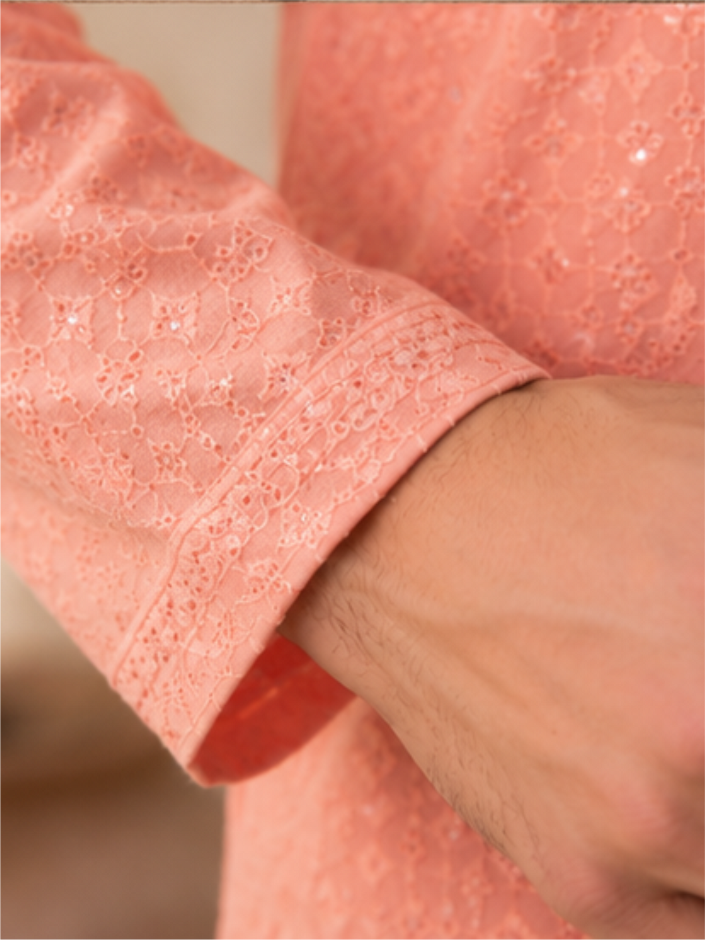 Men's Floral Embroidered Sequinned Kurta with Bottom, Peach