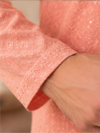 Men's Floral Embroidered Sequinned Kurta with Bottom, Peach