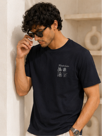 Boys Short Sleeves Round Neck Chest Printed Cotton T-Shirts, Navy Blue