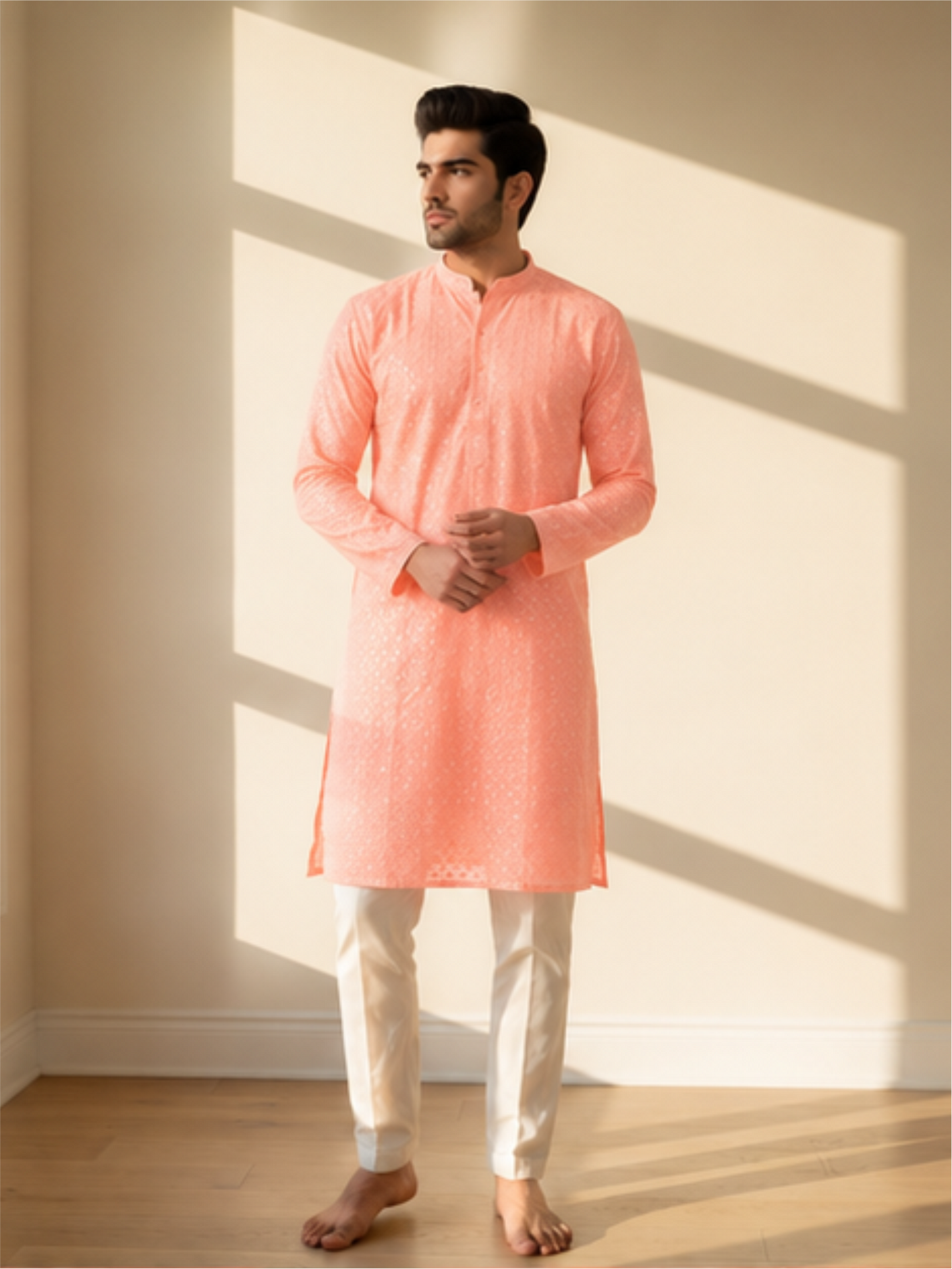 Men's Floral Embroidered Sequinned Kurta with Bottom, Peach