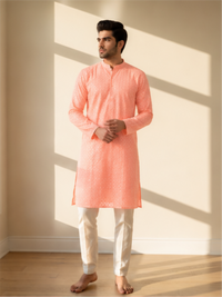 Men's Floral Embroidered Sequinned Kurta with Bottom, Peach