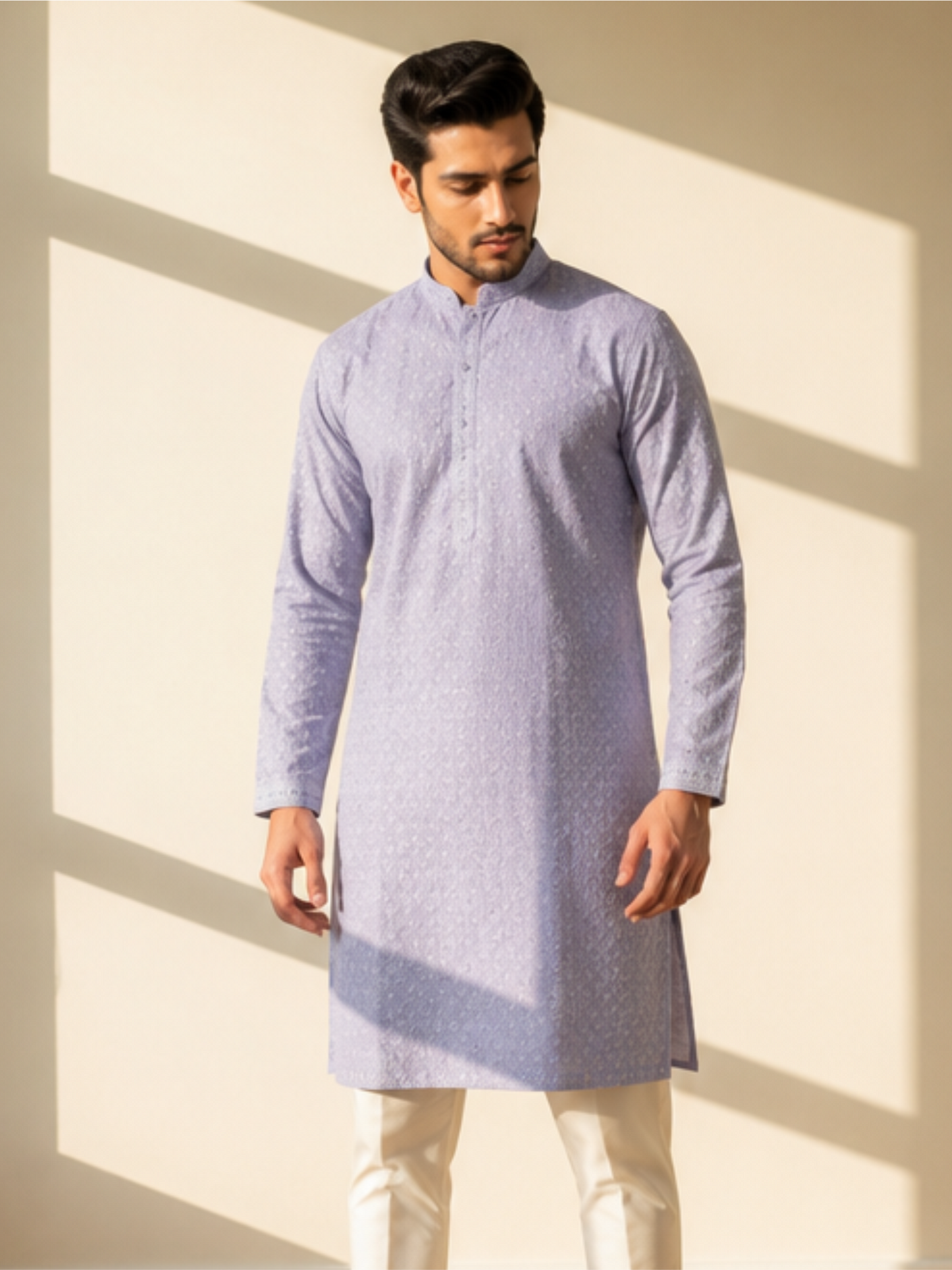 Men's Floral Embroidered Sequinned Kurta with Bottom, Purple