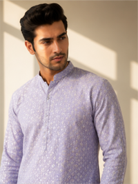 Men's Floral Embroidered Sequinned Kurta with Bottom, Purple