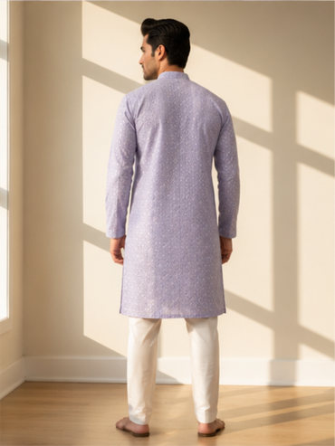 Men's Floral Embroidered Sequinned Kurta with Bottom, Purple