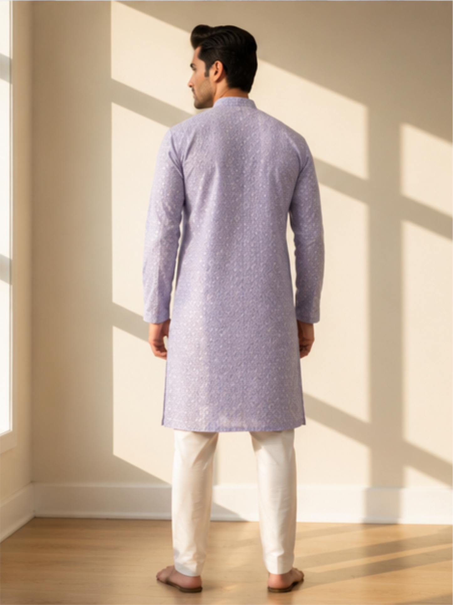 Men's Floral Embroidered Sequinned Kurta with Bottom, Purple