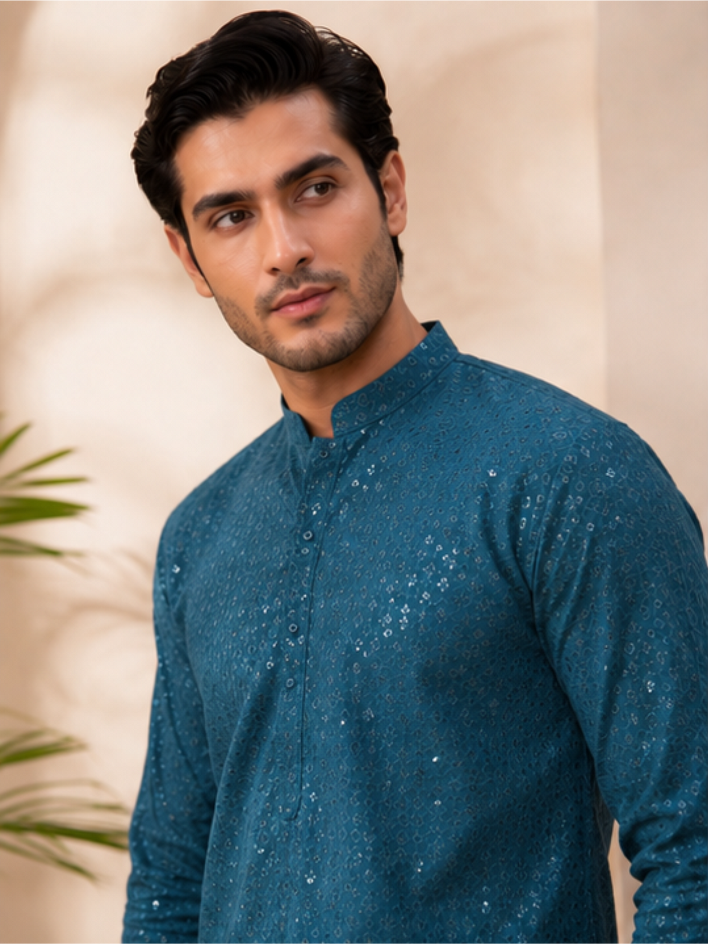 Men's Floral Embroidered Sequinned Kurta with Bottom, Teal Blue