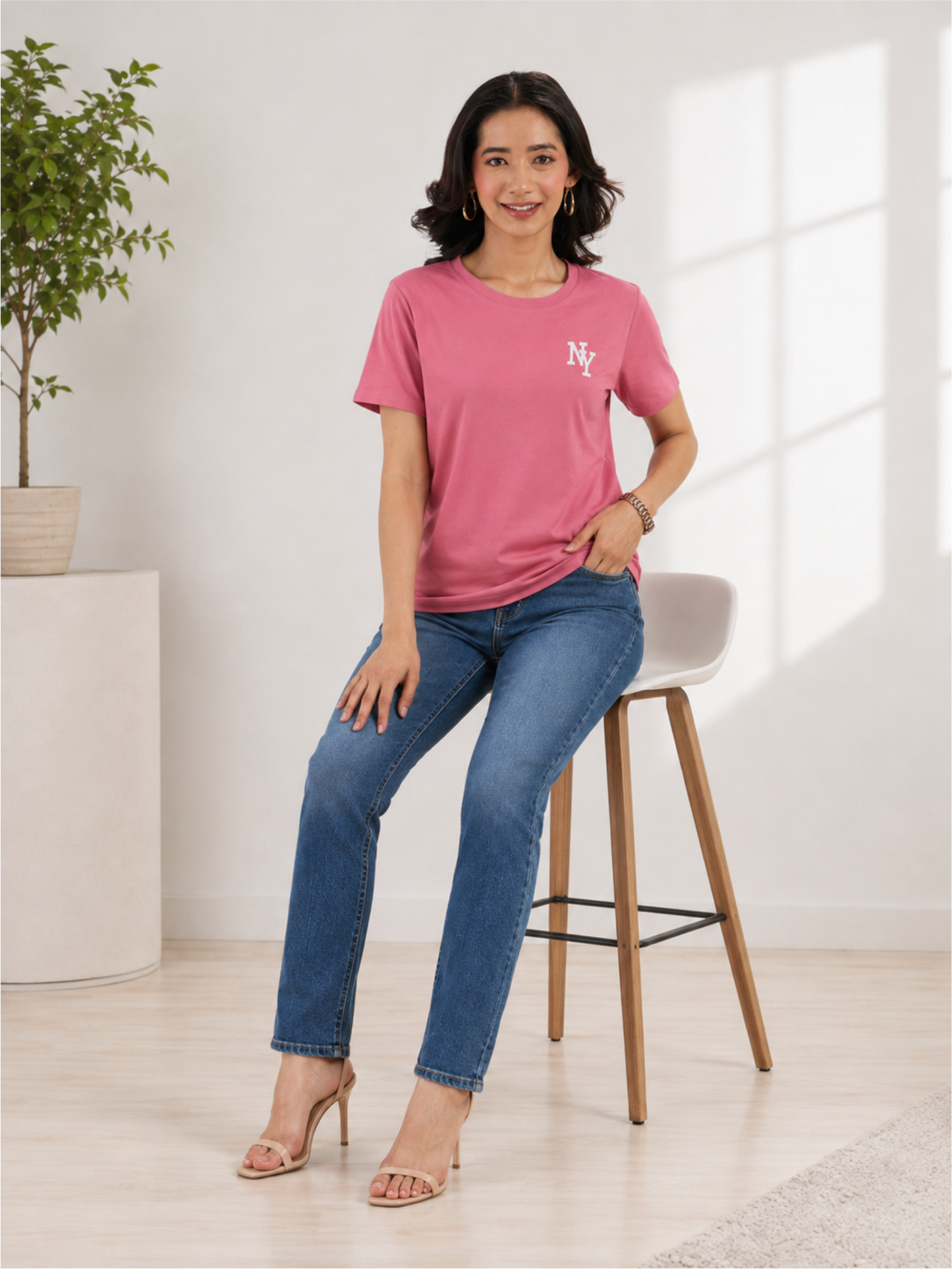 Round-Neck Printed T-Shirt with Front NY Print