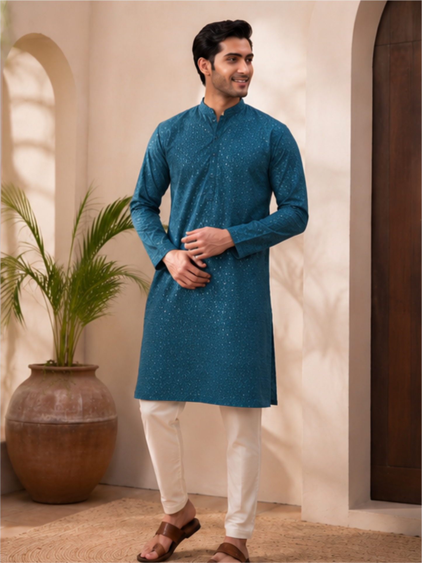 Men's Floral Embroidered Sequinned Kurta with Bottom, Teal Blue
