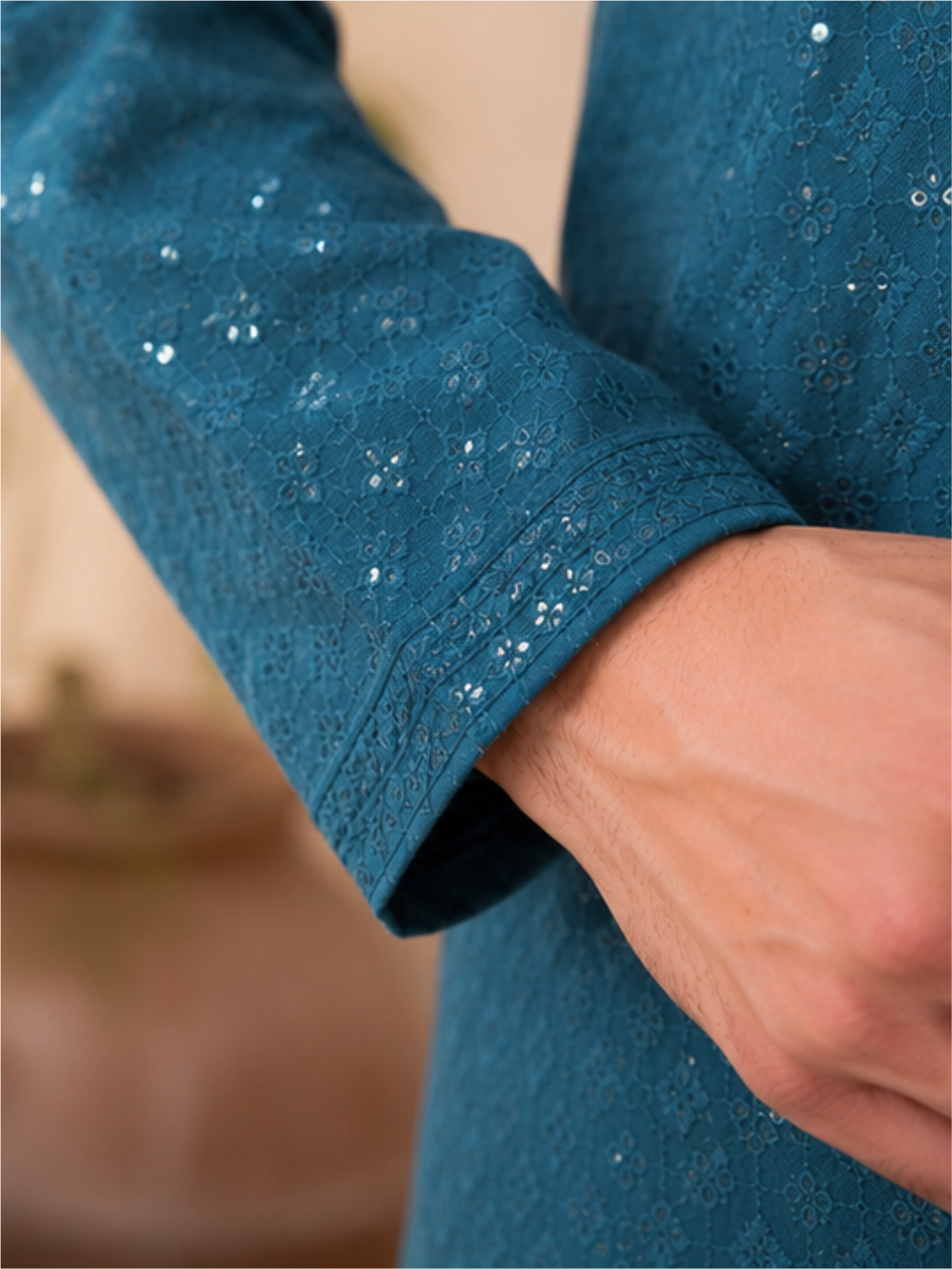 Men's Floral Embroidered Sequinned Kurta with Bottom, Teal Blue
